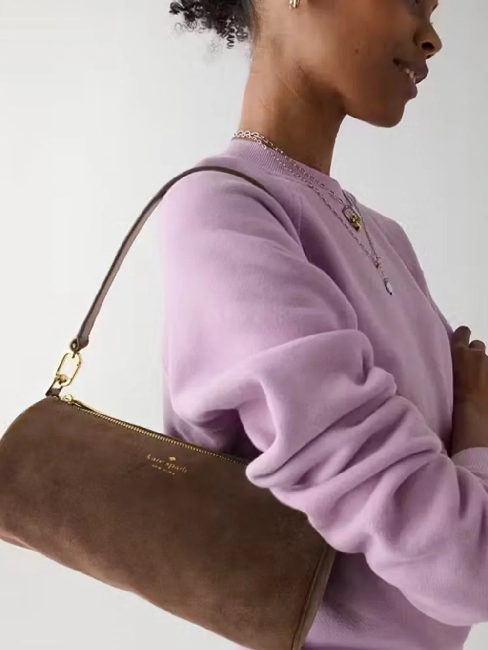 kate spade Brown Suede Barrel Shoulder Bag with Gold Hardware